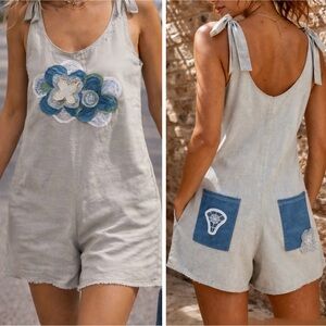 Organic Linen Cotton Romper Boho Handmade Floral Patch Lace Loose Fit S/M NWT